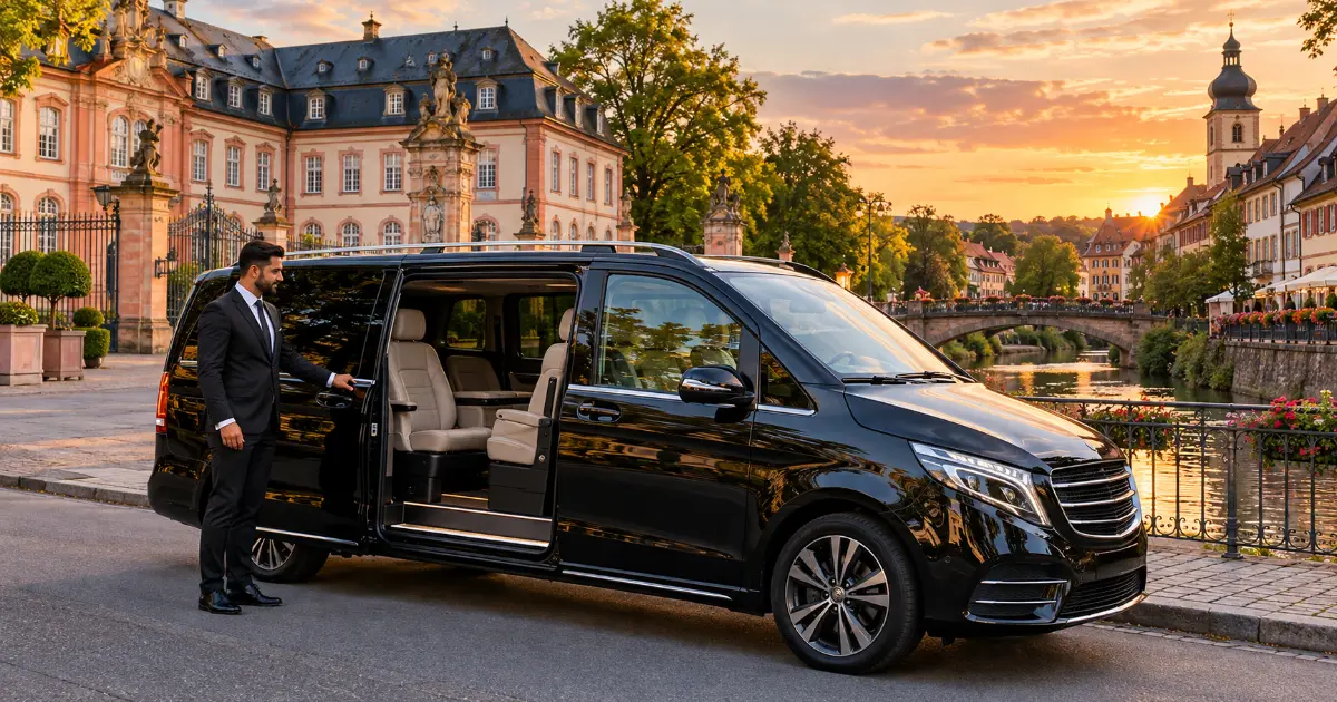 Frankfurt Airport to Ettlingen Ettlingen old town at dusk – destination of a private transfer from Frankfurt Airport