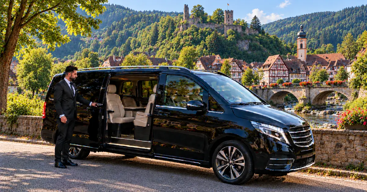 Frankfurt Airport to Gernsbach Half-timbered old town of Gernsbach on the river Murg in summer – destination of a transfer from Frankfurt Airport