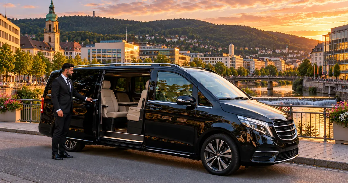Flughafentransfer Pforzheim – Frankfurt Goldstadt Pforzheim am Fluss Enz in der Abendsonne – Abholung zum Flughafentaxi nach Frankfurt