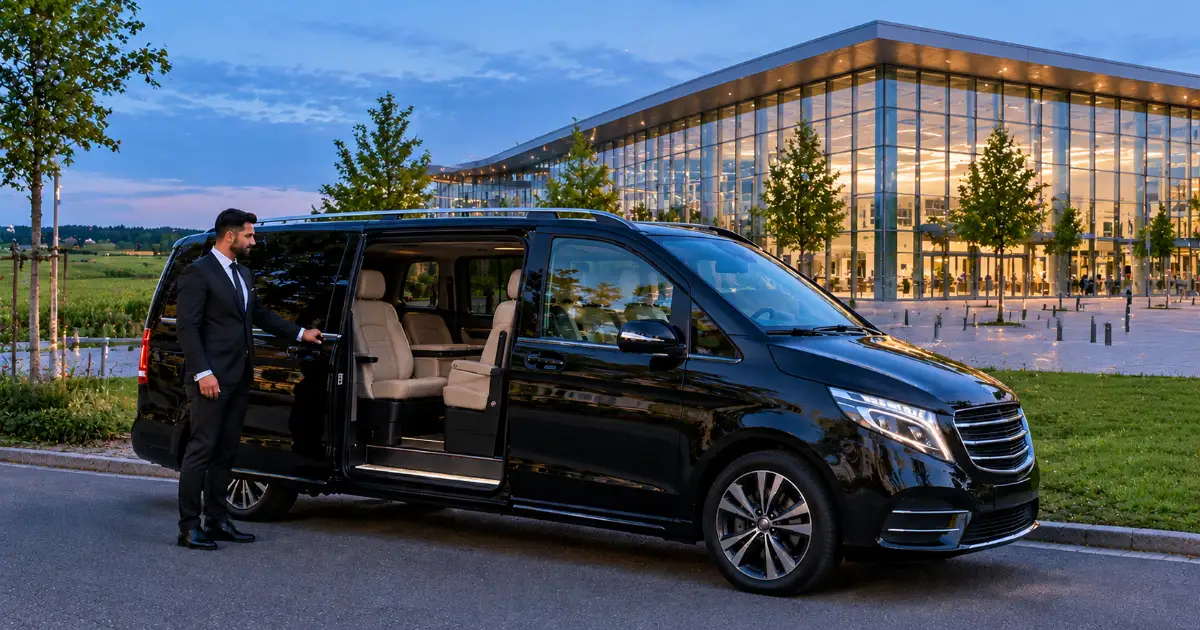 Flughafentransfer Rheinstetten – Frankfurt Modernes Messegelände bei Rheinstetten am Abend – Messe-Shuttle zum Flughafen Frankfurt